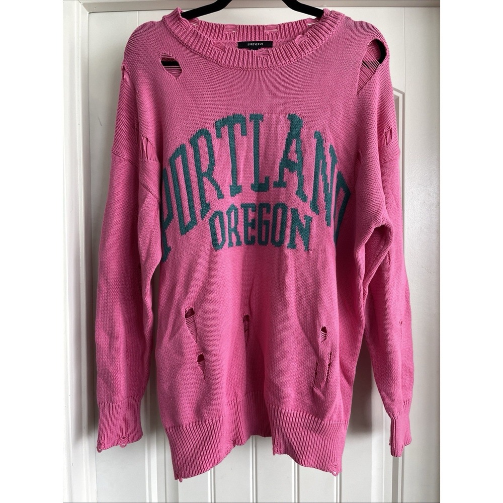 Forever 21 Sweater Womens Small Pink Portland Oregon Distressed Oversized Knit